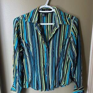 Women's Striped Button-Up Top - Blue and Green
